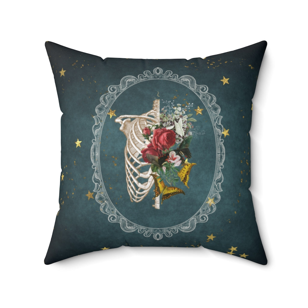 Vintage Floral Skeletal Ribcage Throw Pillow, Gothic Home