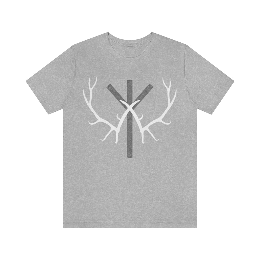 Rune and Antler Unisex Jersey Tee, Algiz with Nordic knotwork, Viking T-shirt, Elder Futhark, Ancient Symbolism