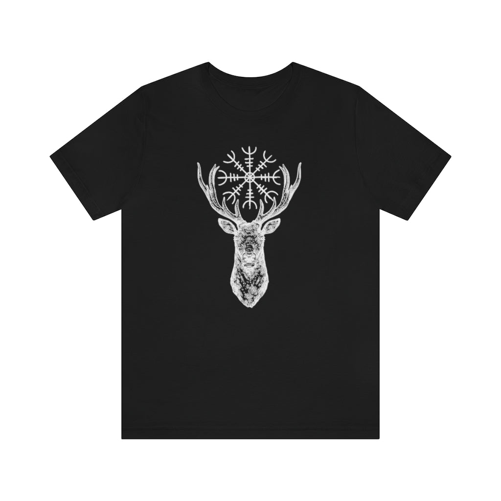 Helm of Awe Stag Unisex Jersey Tee, Stag Antlers Short Sleeve T-Shirt, Norse Paganism, Odin, Protection symbol, Strength