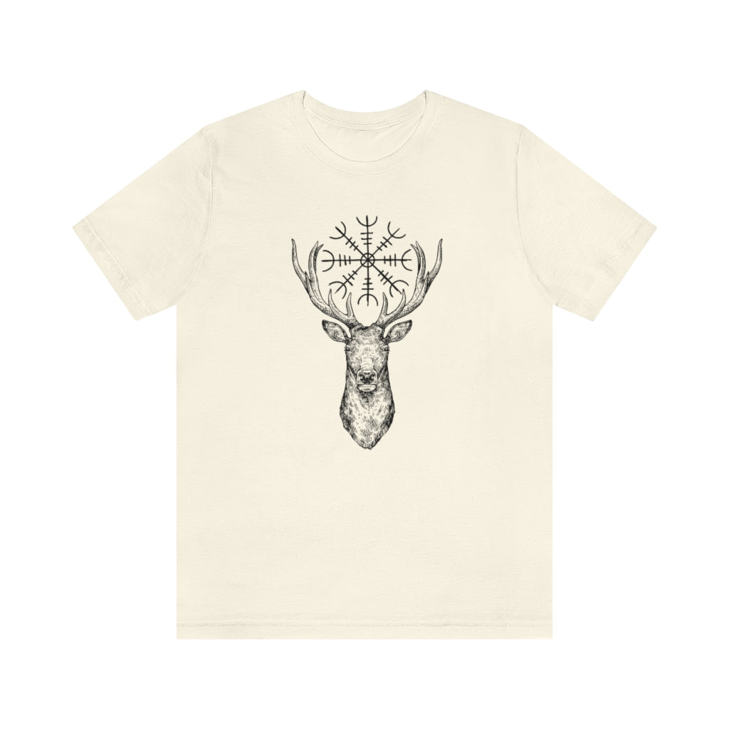 Helm of Awe Stag Unisex Jersey Tee, Stag Antlers Short Sleeve T-Shirt, Norse Paganism, Odin, Protection symbol, Strength