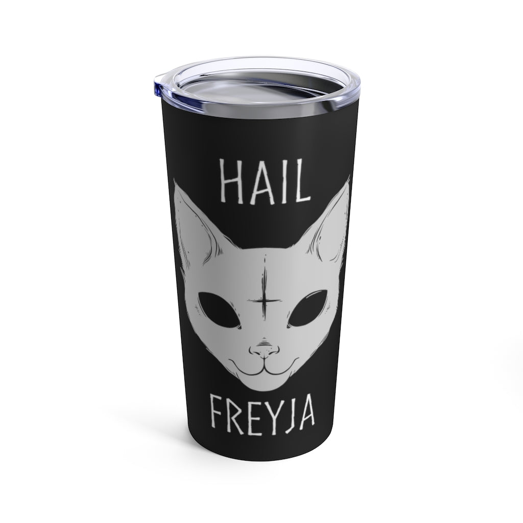 Hail Freyja Tumbler, 20oz Insulated Travel Mug, Stainless Steel, Norse Pagan Freya Mug, Freyja's Cats, Witchy Cup, Kitty Magic