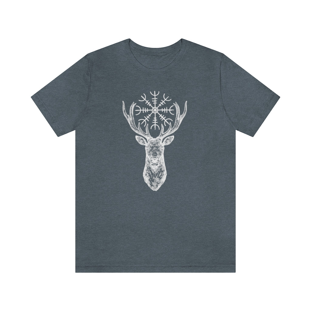 Helm of Awe Stag Unisex Jersey Tee, Stag Antlers Short Sleeve T-Shirt, Norse Paganism, Odin, Protection symbol, Strength