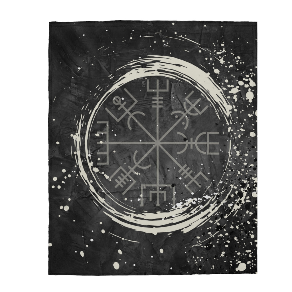 Vegvisir Velveteen Blanket, Norse Pagan Plush Throw Blanket in Black, Gray and Cream tones, Magical Nordic Symbol, Pagan Gothic Home Decor