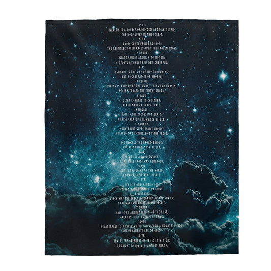 Old Norse Rune Poem Velveteen Blanket, Translated Rune Poem Plush Throw blanket, Watercolor Night Sky