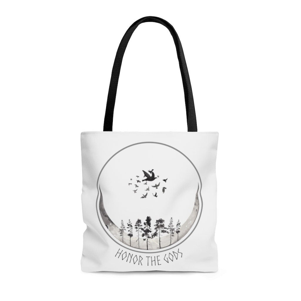 Honor The Gods Tote, Moon and Trees Silhouette Bag, Witchy Raven and Moon Cycle Tote