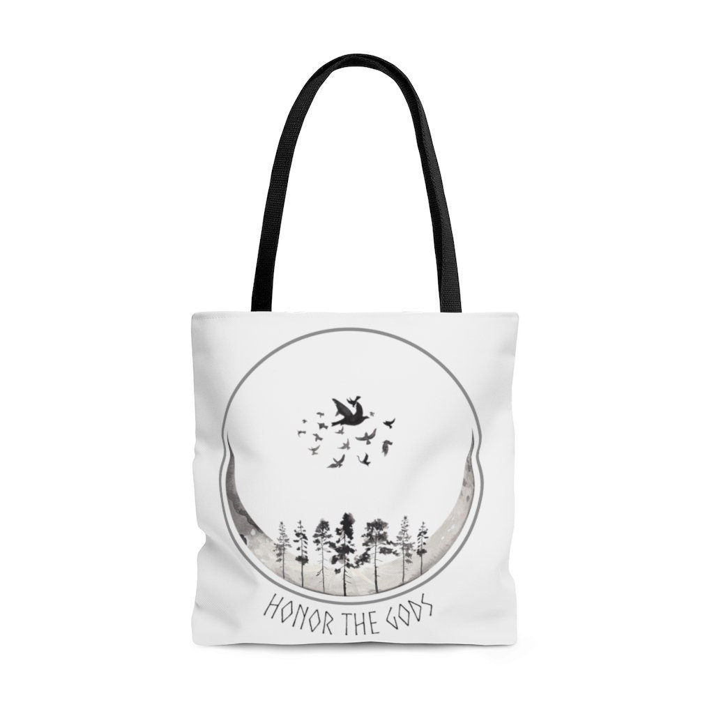 Honor The Gods Tote, Moon and Trees Silhouette Bag, Witchy Raven and Moon Cycle Tote