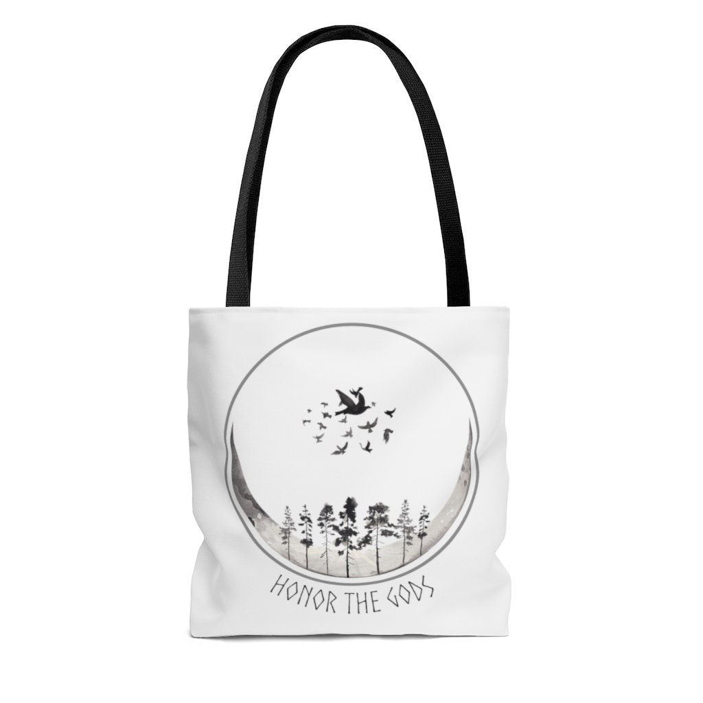 Honor The Gods Tote, Moon and Trees Silhouette Bag, Witchy Raven and Moon Cycle Tote