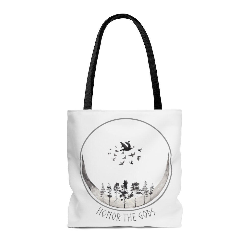 Honor The Gods Tote, Moon and Trees Silhouette Bag, Witchy Raven and Moon Cycle Tote