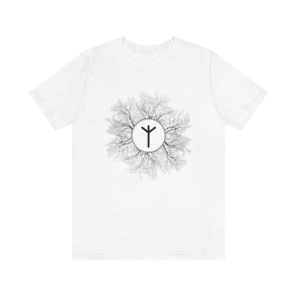 Algiz Rune Unisex Jersey Tee, Elhaz Short Sleeved T-Shirt, Protection, Divinity, Higher Self Rune, Yggdrasil