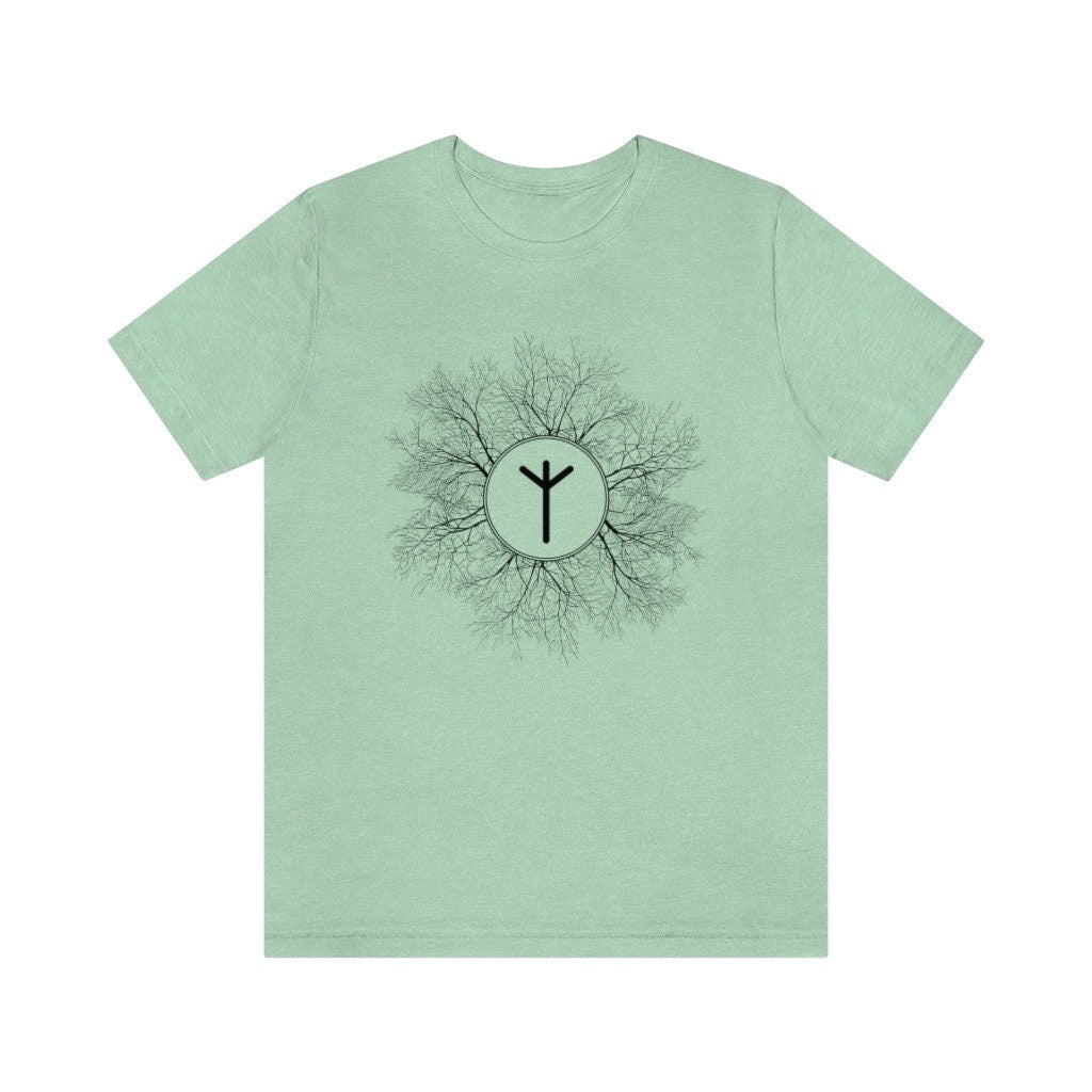 Algiz Rune Unisex Jersey Tee, Elhaz Short Sleeved T-Shirt, Protection, Divinity, Higher Self Rune, Yggdrasil