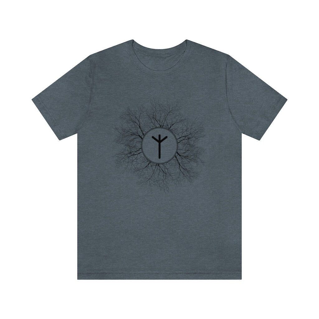 Algiz Rune Unisex Jersey Tee, Elhaz Short Sleeved T-Shirt, Protection, Divinity, Higher Self Rune, Yggdrasil