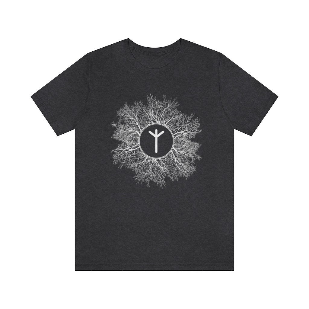 Algiz Rune Unisex Jersey Tee, Elhaz Short Sleeved T-Shirt, Protection, Divinity, Higher Self Rune, Yggdrasil