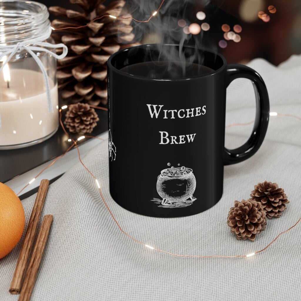 Witches Brew Spider Black Mug, Antique looking text and cauldron w spider down the center of cup, Witchy Cup, Warm your cold heart